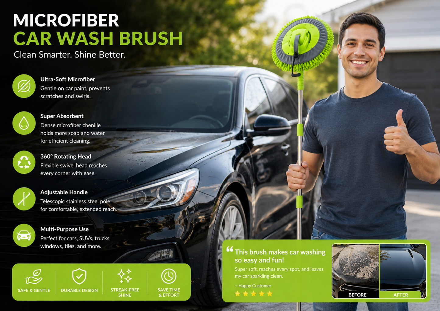 Microfiber Chenille Car Wash Brush Mop Kit Mitt with Long Handle Car Cleaning Supplies Kit Duster Powder Coating