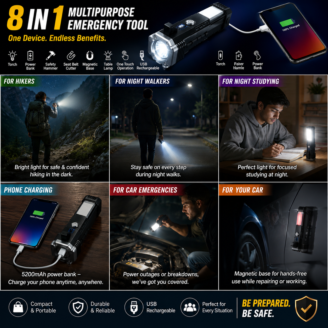 8 in 1 Emergency power bank with torch, seatbelt cutter & safety hammer