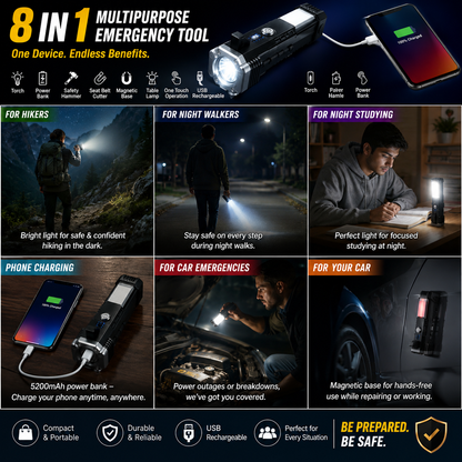 8 in 1 Emergency power bank with torch, seatbelt cutter & safety hammer