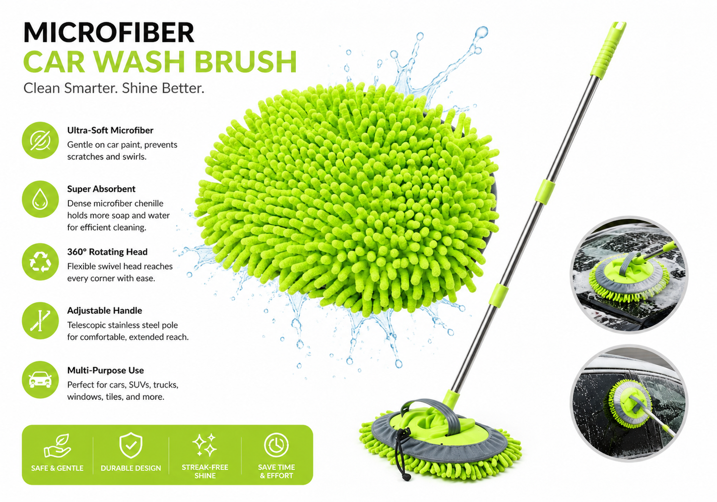 Microfiber Chenille Car Wash Brush Mop Kit Mitt with Long Handle Car Cleaning Supplies Kit Duster Powder Coating