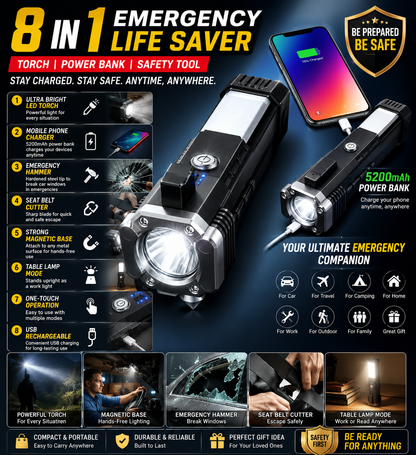 8 in 1 Emergency power bank with torch, seatbelt cutter & safety hammer