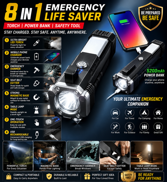 8 in 1 Emergency power bank with torch, seatbelt cutter & safety hammer