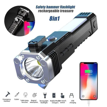 8 in 1 Emergency power bank with torch, seatbelt cutter & safety hammer